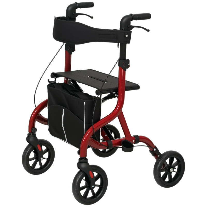 HOMCOM Andador con Asiento y Respaldo para Mayores Plegable, Altura Regulable, Bolsa y Soporte para Bastón, Rojo
