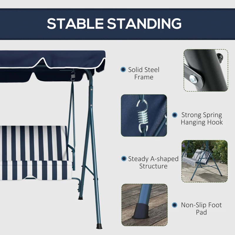 Outsunny Three-Seater Garden Swing Chair, with Adjustable Canopy - Blue Stripe