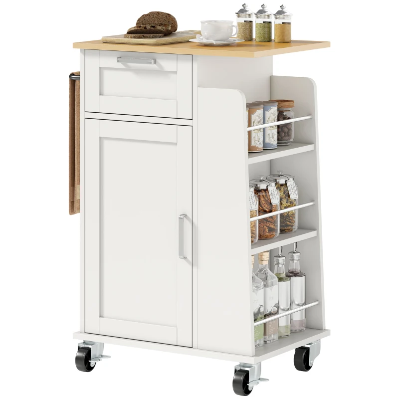HOMCOM Carrito de cocina con cajón, mueble, toallero y 3 portaespecias, en madera, 62x40x87 cm, Blanco