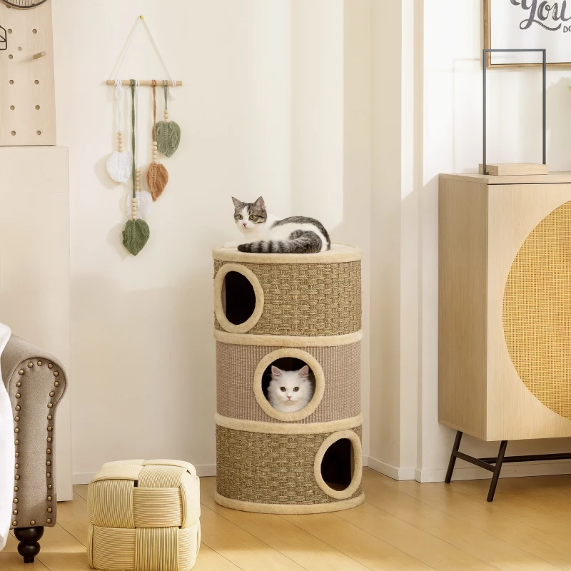 PawHut Torre rascadora cilíndrica, 79 cm de alto, Ø45 cm, torre para gatos de 3 niveles con cuerda de sisal, cueva para gatos, para gatos grandes, Khaki+Marrón
