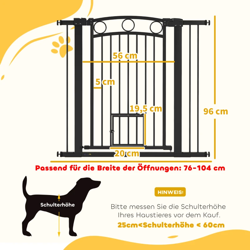 PawHut Haustiertor, 96 cm Treppengatter, verstellbare Breite 76-104 cm, mit Katzentür, für Treppen und Türöffnungen, Schwarz