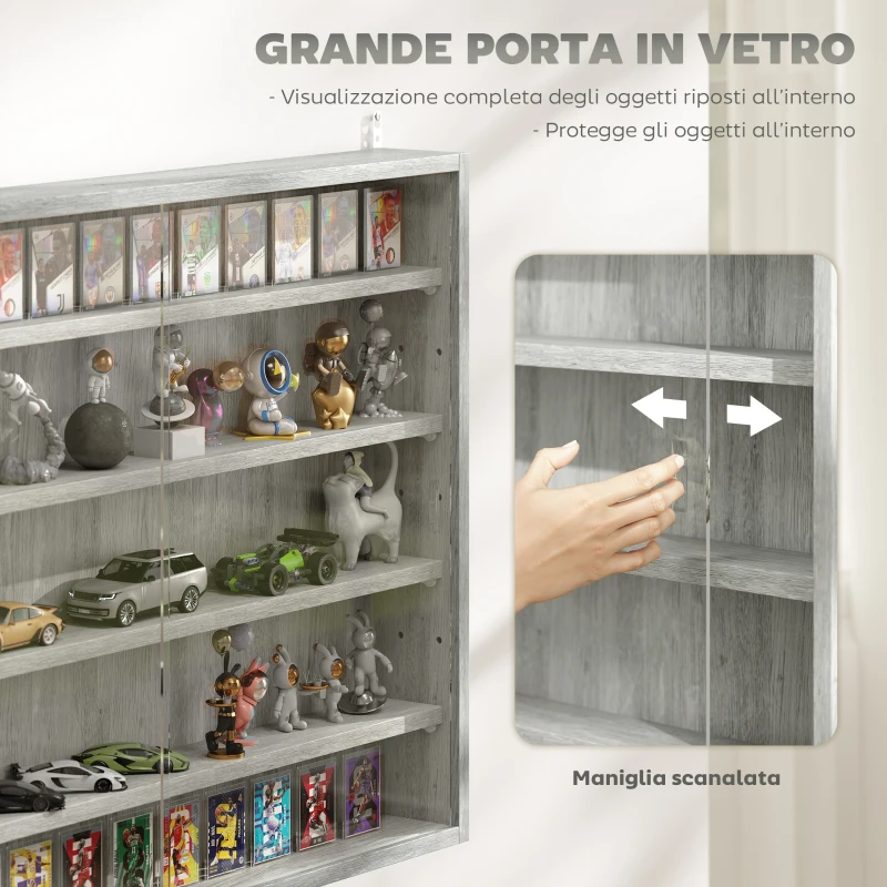 HOMCOM Vetrina per Collezionismo a 4 Ripiani Regolabili in Legno con Ante in Vetro, 80x9.5x60 cm, Grigio