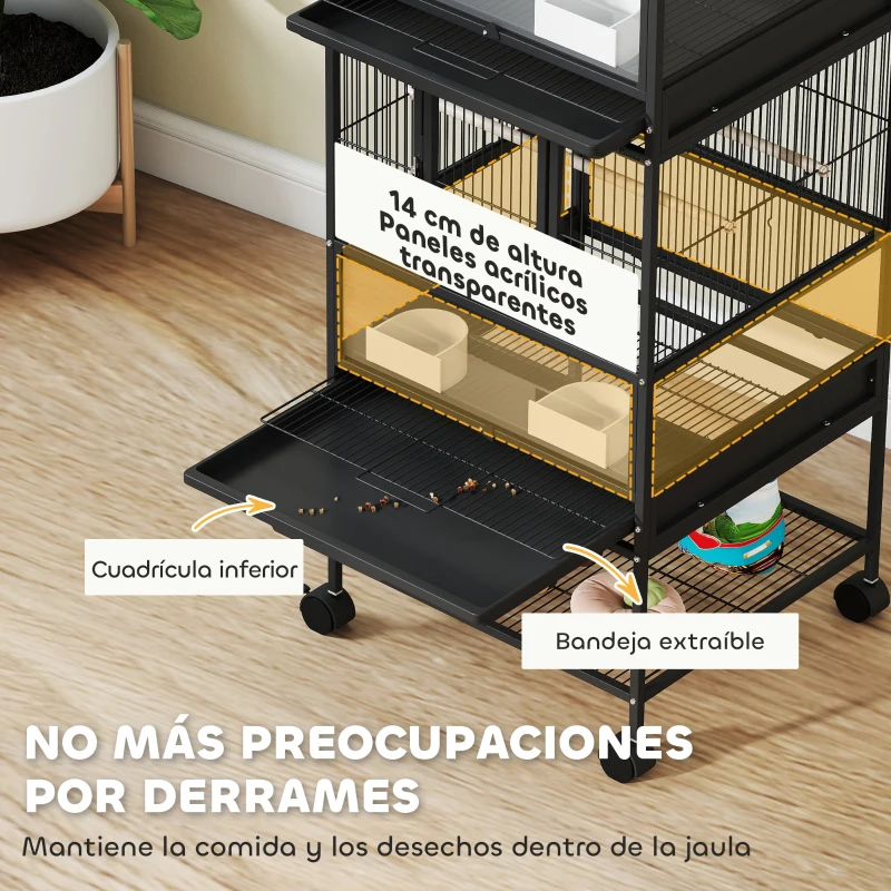 PawHut Jaula para Pájaros de 2 Niveles con Paneles Acrílicos Comederos Perchas Ruedas y Estante Inferior 48x46x134,5 cm Negro
