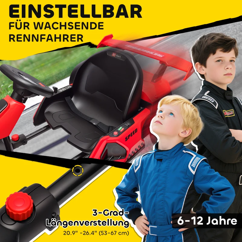 HOMCOM Go-Kart für Kinder, Elektro-Kart mit Hupe und Musikfunktion, verstellbarer Sitz, bis 12 km/h, Kunststoff, Metall, Rot(m-5)