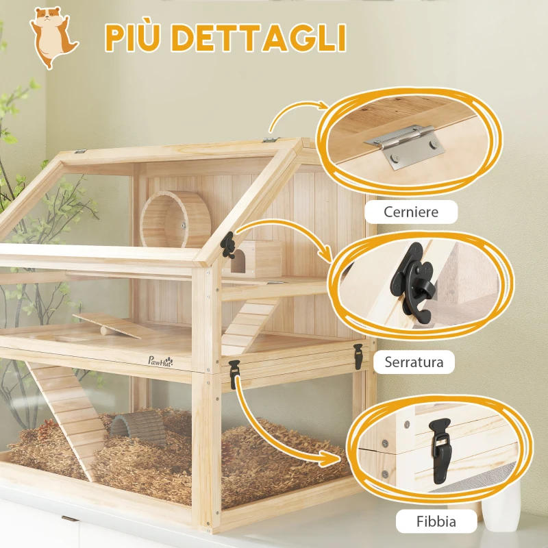 PawHut Gabbia per criceti a 3 livelli con fondo removibile e altalena, 80x50x76 cm, Legno naturale