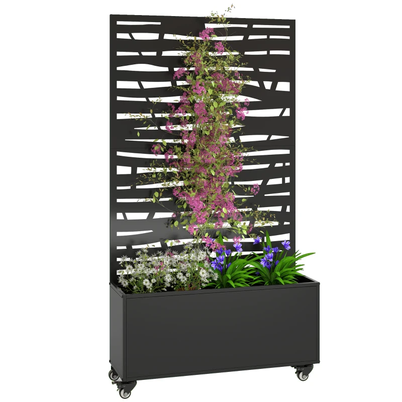 Outsunny Jardinera con enrejado, macetero de metal con pantalla de privacidad y ruedas, enrejado con cortes en lamas, 90x30x160cm, negro