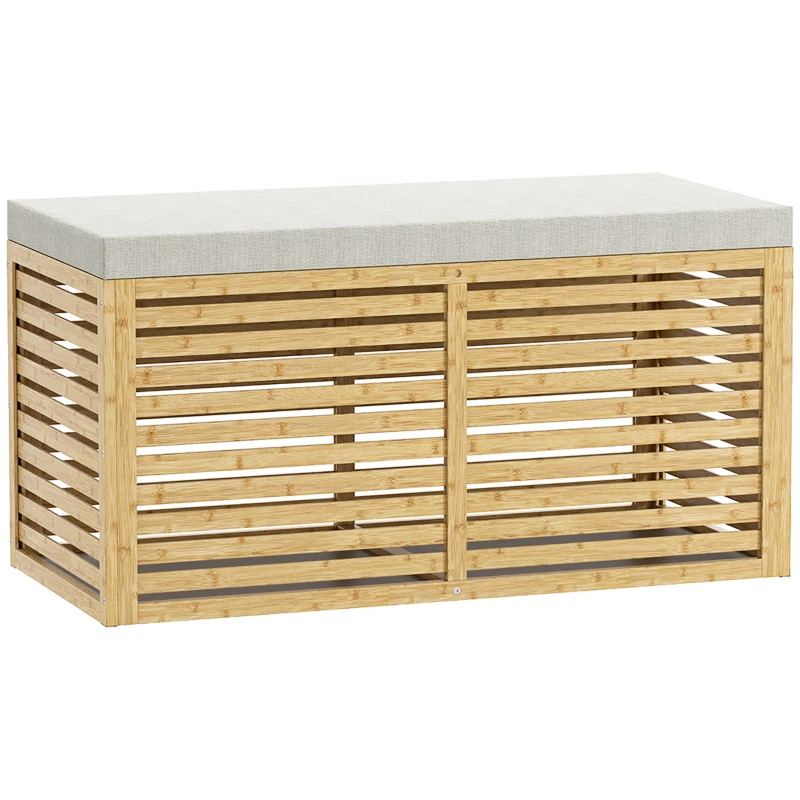HOMCOM Banc de rangement, coffre de rangement rembourré en tissu aspect lin, couvercle et structure en bambou, gris et naturel
