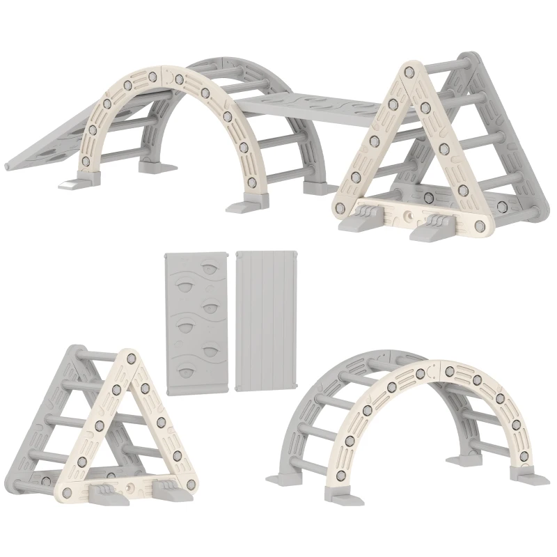 AIYAPLAY 5 in 1 Klettergerüst Montessori Indoor, Kletterdreieck mit Rutsche, Kletterbogen, doppelseitige Rampe, Spielplatz Indoor für Kinder 18-48 Monate, Grau+Weiß