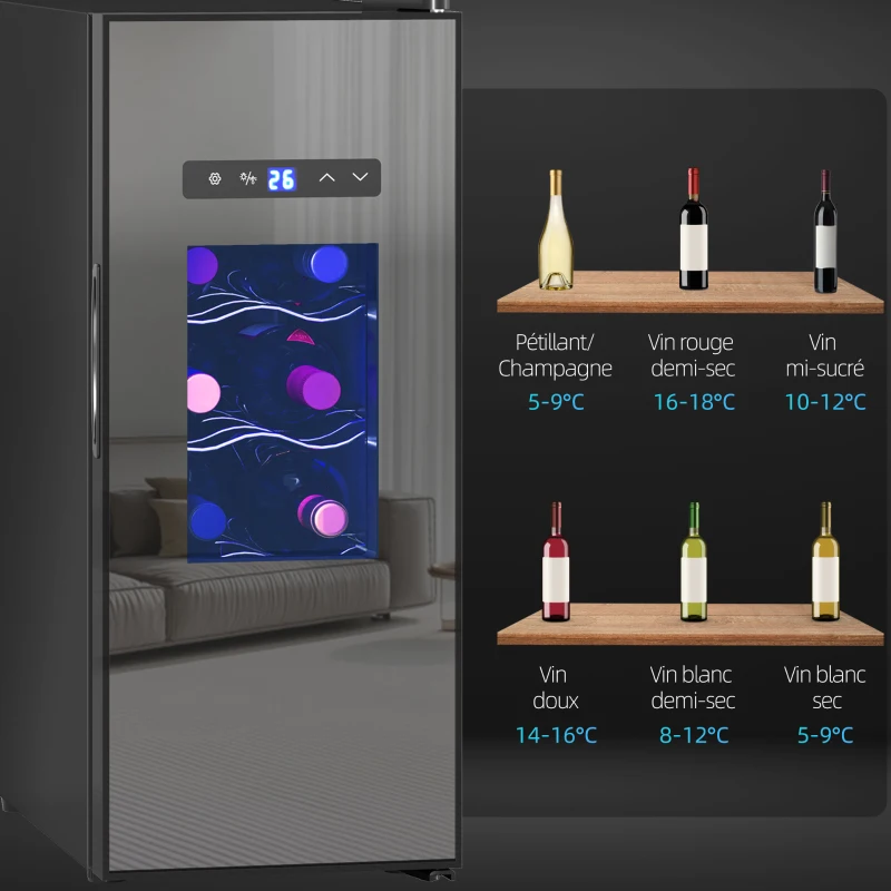 HOMCOM Vinoteca 12 botellas 30 L termoeléctrica doble y silenciosa con puerta de vidrio, LED, pantalla digital, negro