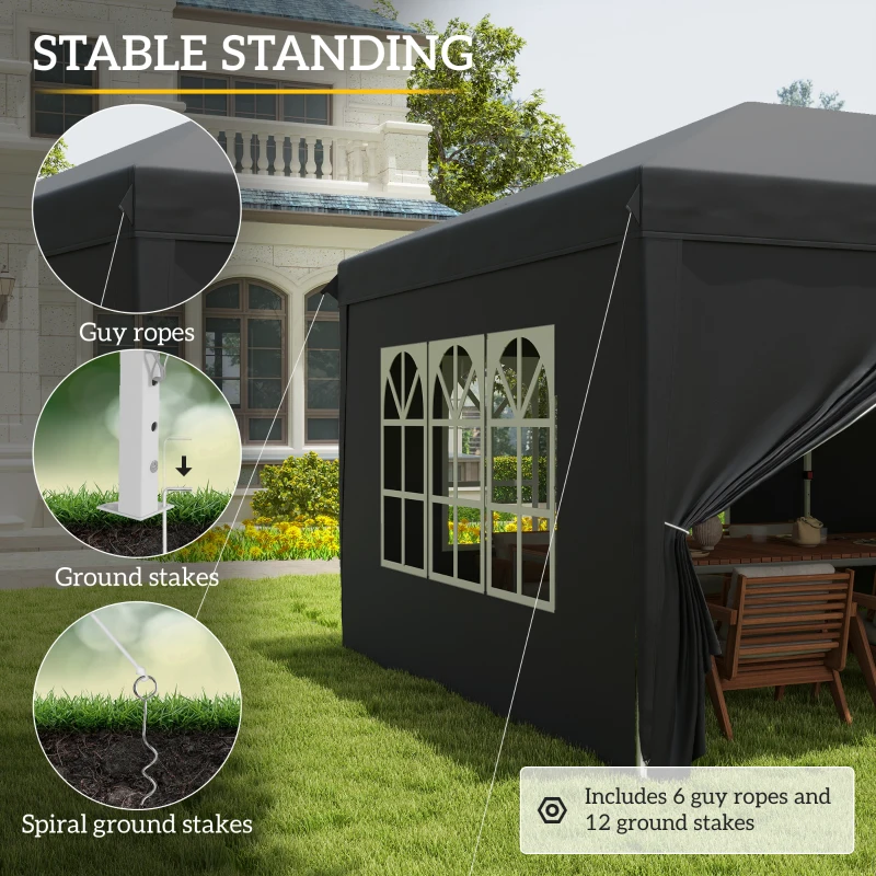 Outsunny 3 x 6 m Pop Up Gazebo with Sides and Windows, Height Adjustable Wedding Camping Party Tent Canopy Marquee with Storage Bag for Garden, Event, Black