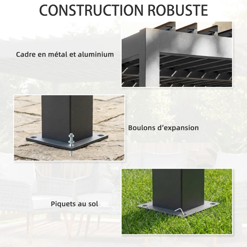 Outsunny Pergola bioclimatique 4x3m, pergola aluminium, lames orientables, manivelle, protection soleil, imperméable, gris foncé
