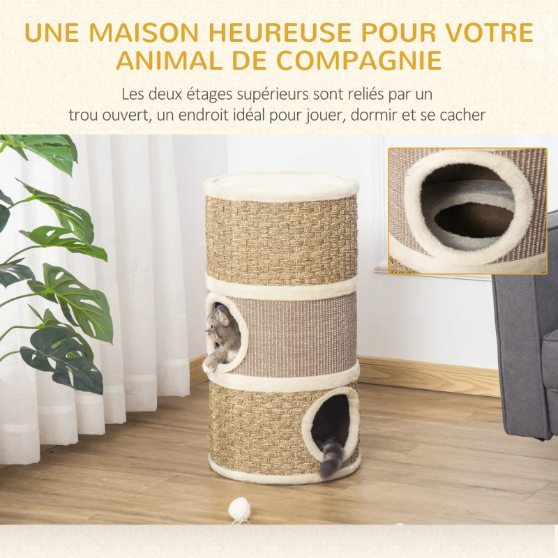 PawHut Tonneau à gratter pour chat arbre à chat sisal naturel et herbiers marins recouvert de peluche 37,5 x 37,5 x 70 cm kaki et café
