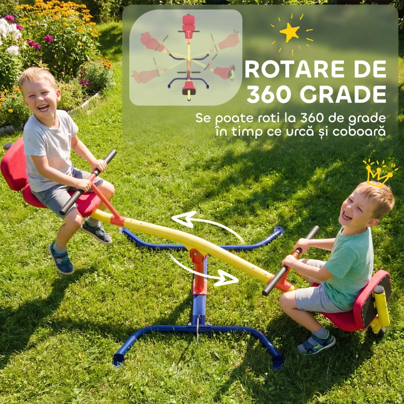 AIYAPLAY Balansoar pentru Copii Rotativ 360°, Capacitate 200kg, 2 Locuri cu Mânere Antiderapante, Scaune Capitonate, Spătar, Roți, 253x96x75 cm, 3-12 Ani
