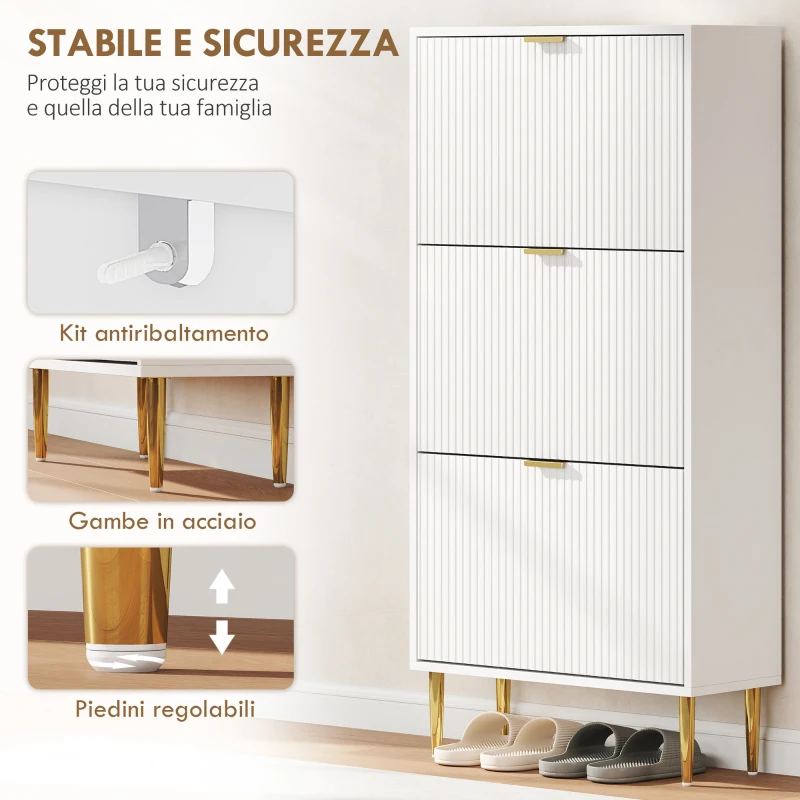 HOMCOM Scarpiera Slim per 18 Paia di Scarpe con 3 Cassetti a Ribalta e Ripiani Regolabili, 60x24x122.5 cm, Bianco