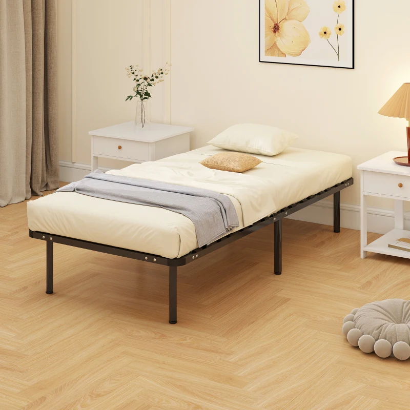 HOMCOM Cadre de lit 90 x 190 cm, lit simple avec sommier à lattes en bois massif et pied, avec rangement au-dessous, noir