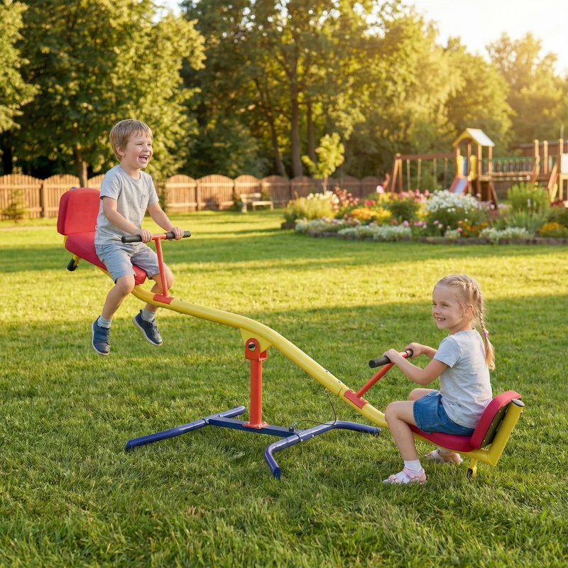 AIYAPLAY Balansoar pentru Copii Rotativ 360°, Capacitate 200kg, 2 Locuri cu Mânere Antiderapante, Scaune Capitonate, Spătar, Roți, 253x96x75 cm, 3-12 Ani