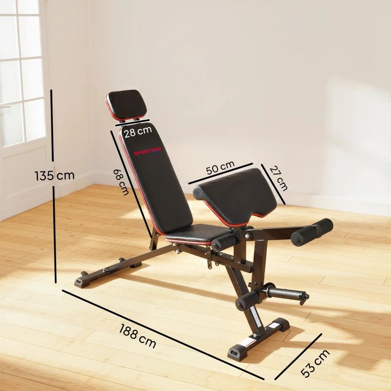 SPORTNOW Banco de pesas ajustable hasta 300 kg 3 en 1 Banco de entrenamiento con ruedas Extensor de piernas Banco predicador reposacabezas Bandas de resistencia