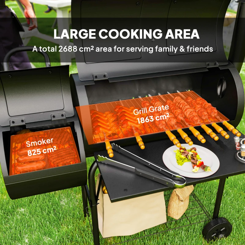 Outsunny Barbecue Grill Portable Outdoor Charcoal BBQ Grill with Offset Smoker 109 x 60 x 120 cm Black