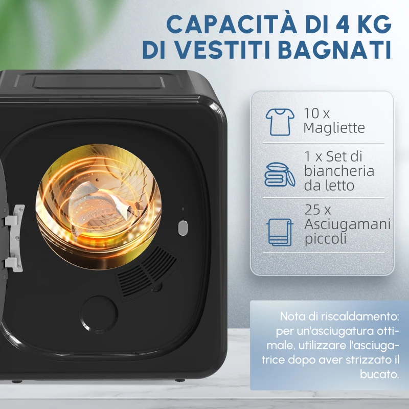 HOMCOM Asciugatrice a Condensa Elettrica 800 W 4 Kg con 5 Modalità di Asciugatura, Cesto in Acciaio Inossidabile, Carica Frontale