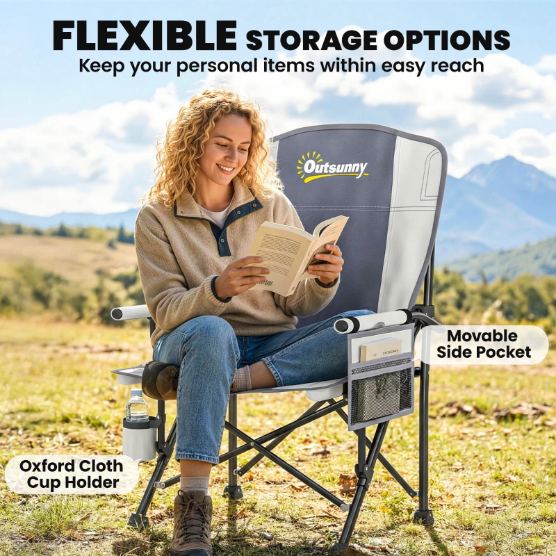 Outsunny Padded Camping Chair Adults Heavy Duty Folding Chair Side Pocket Cup Holder Carry Bag Outdoor Light Grey