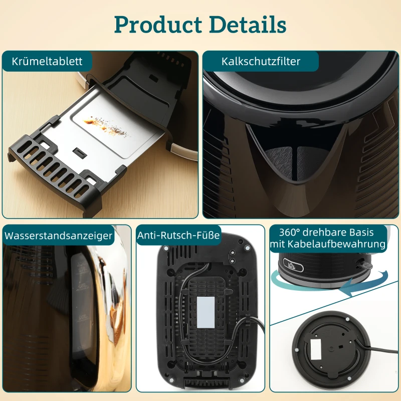 HOMCOM Wasserkocher- und Toaster-Set, 2200W, Otter-Thermostat, 2-Schlitz-Toaster, 7 Bräunungsstufen, Krümelfach, Schwarz