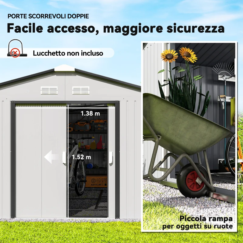 Outsunny Casetta da Giardino 3.4x3.8x2 m in Acciaio con Doppia Porta Scorrevole e Tetto Inclinato, Argento