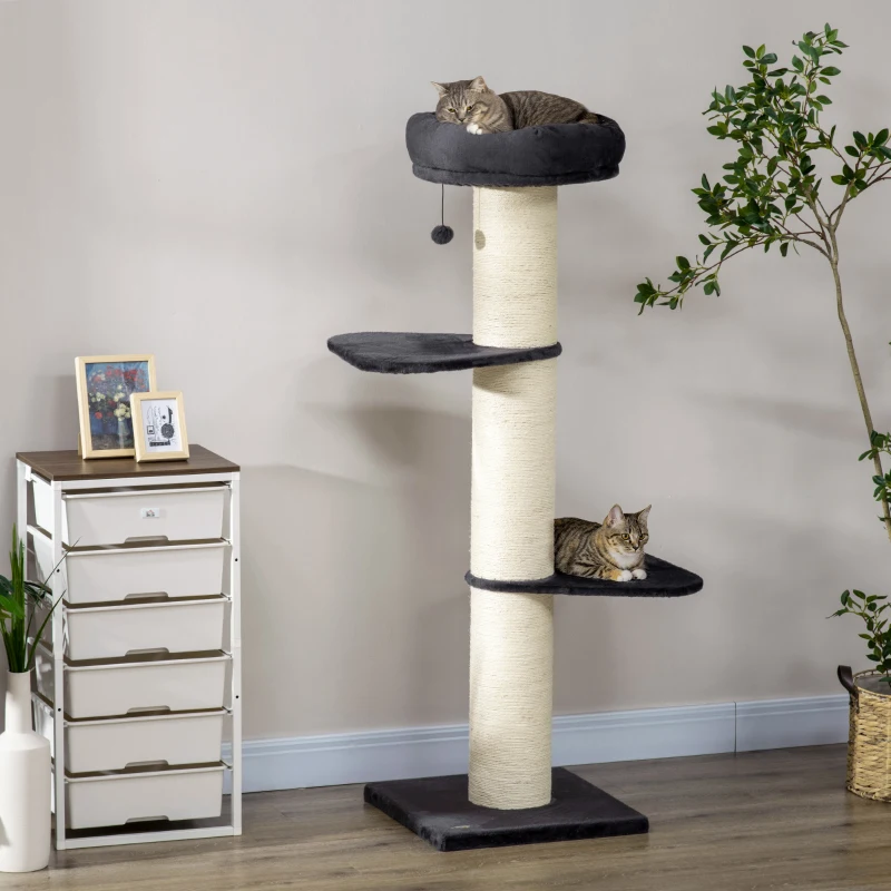 PawHut Arbre à chat griffoir sisal naturel 2 plateformes panier observation jeu boule suspendue peluche grise
