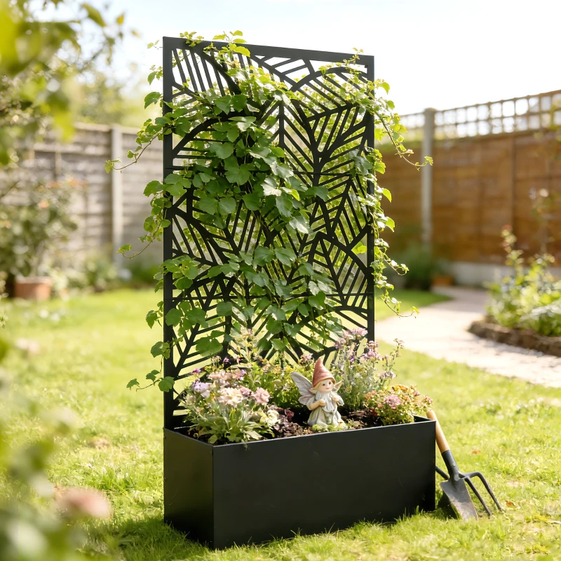 Outsunny Jardineira com treliça, jardineira, canteiro elevado com painel de privacidade, para plantas trepadeiras, metal 90 x 30 x 170 cm preto