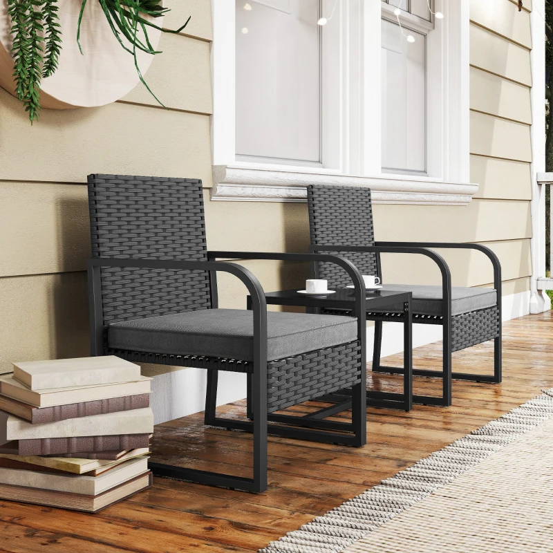 Outsunny Salón de Jardín en Rattan con 2 Sillones de Exterior y Mesita con Tablero de Vidrio, Negro
