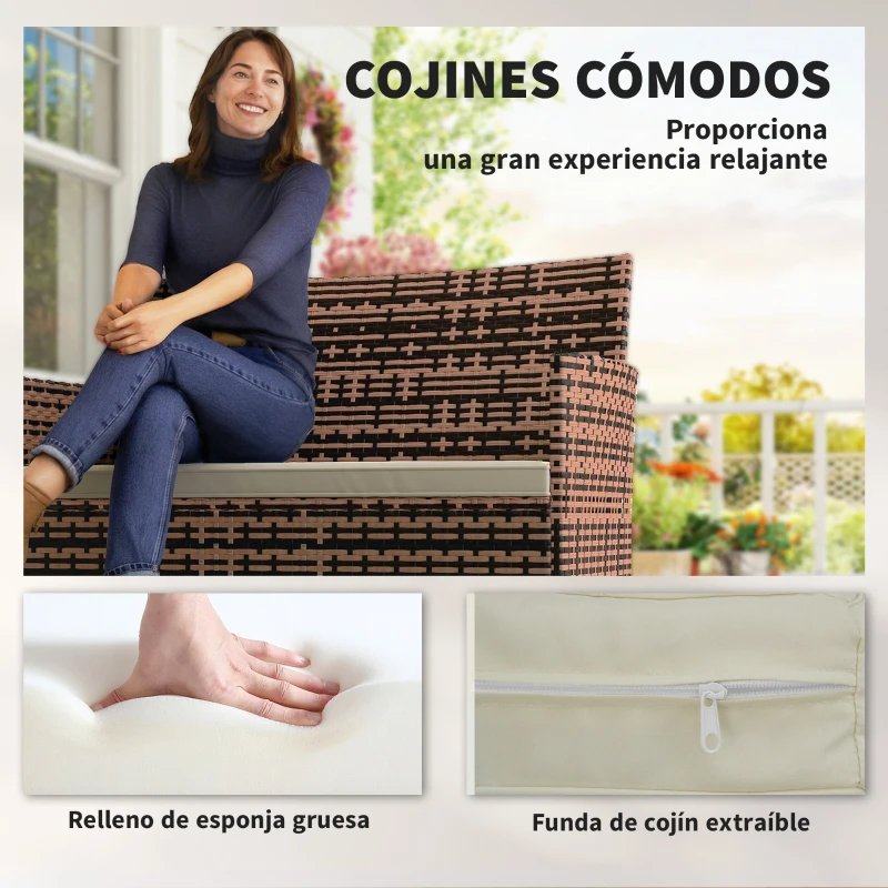 Outsunny Sofá Exterior de Ratán de 2 Plazas Sofá Exterior de Jardín con Cojín Lavable Estructura de Acero para Balcón Caqui