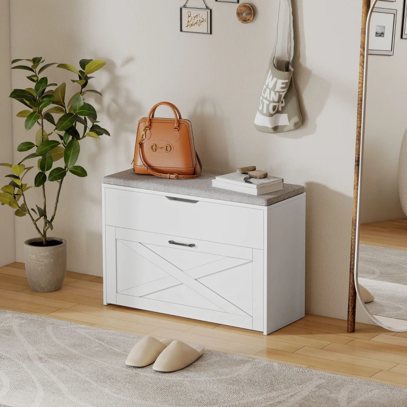 HOMCOM Banco Zapatero con Cajón Abatible y Compartimento, Capacidad 8 Pares de Zapatos, 80x30x55 cm, Blanco