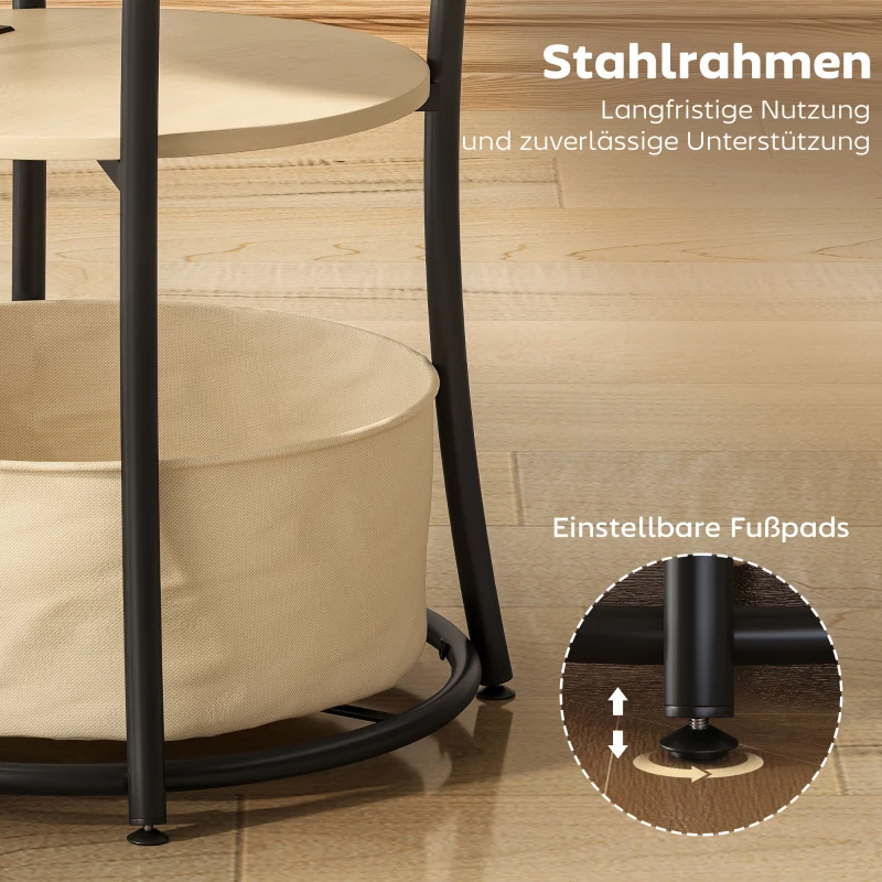 HOMCOM Beistelltisch 3-stufiger Couchtisch mit Ladestation, Stoff-Aufbewahrungstasche, Ablage, 50x50x55,1 cm Naturholz