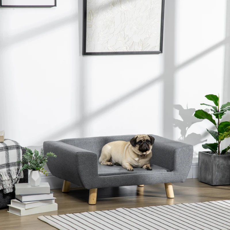 PawHut Canapé chien lit pour chien design scandinave coussin moelleux pieds bois massif dim. 87 x 61 x 36 cm polyester gris