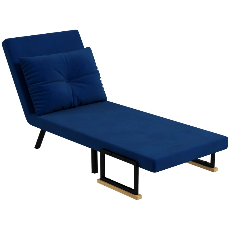 HOMCOM Sillón cama 3 en 1 con respaldo reclinable y cojín, en tejido efecto terciopelo, 63x73x81 cm, Azul