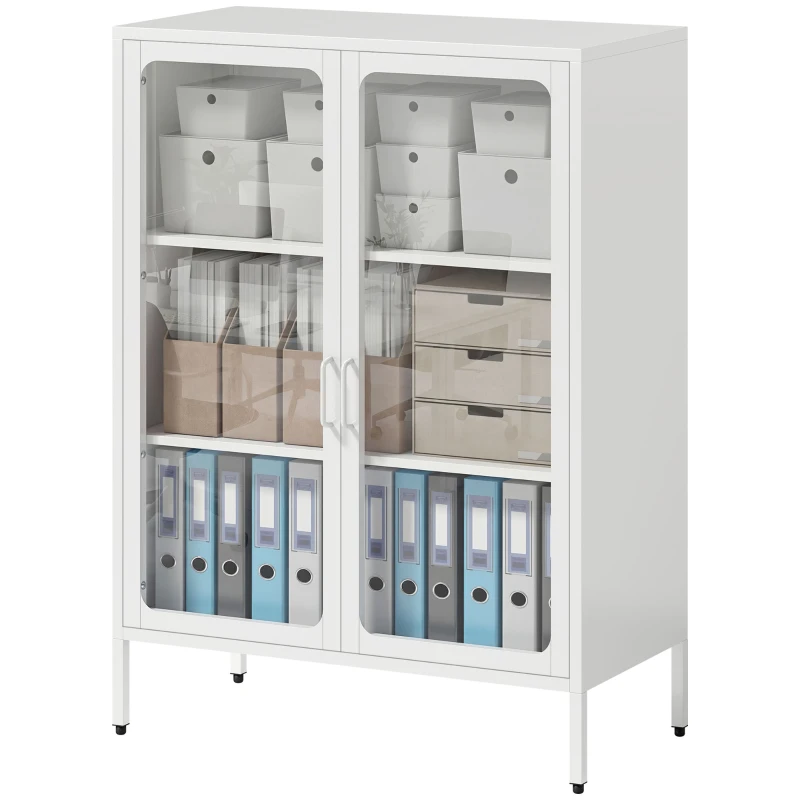 HOMCOM Mobile Portadocumenti in Acciaio con 2 Ante in Vetro e Ripiani Regolabili, 80x40x110 cm, Bianco