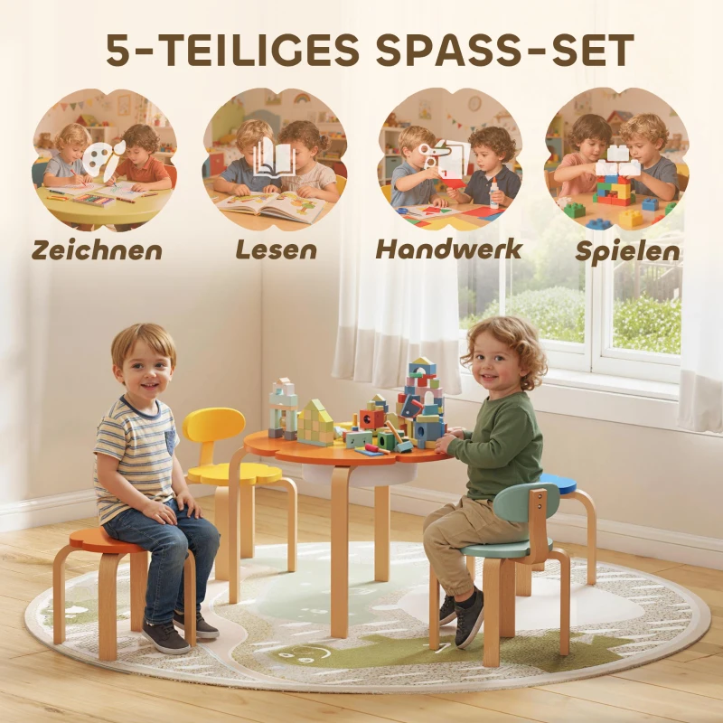 AIYAPLAY 5-teiliges Kindertisch- und Stuhl-Set, mit Aufbewahrungstasche, Blumenform, für Spielzimmer, Kinderzimmer, Holz, Bunt