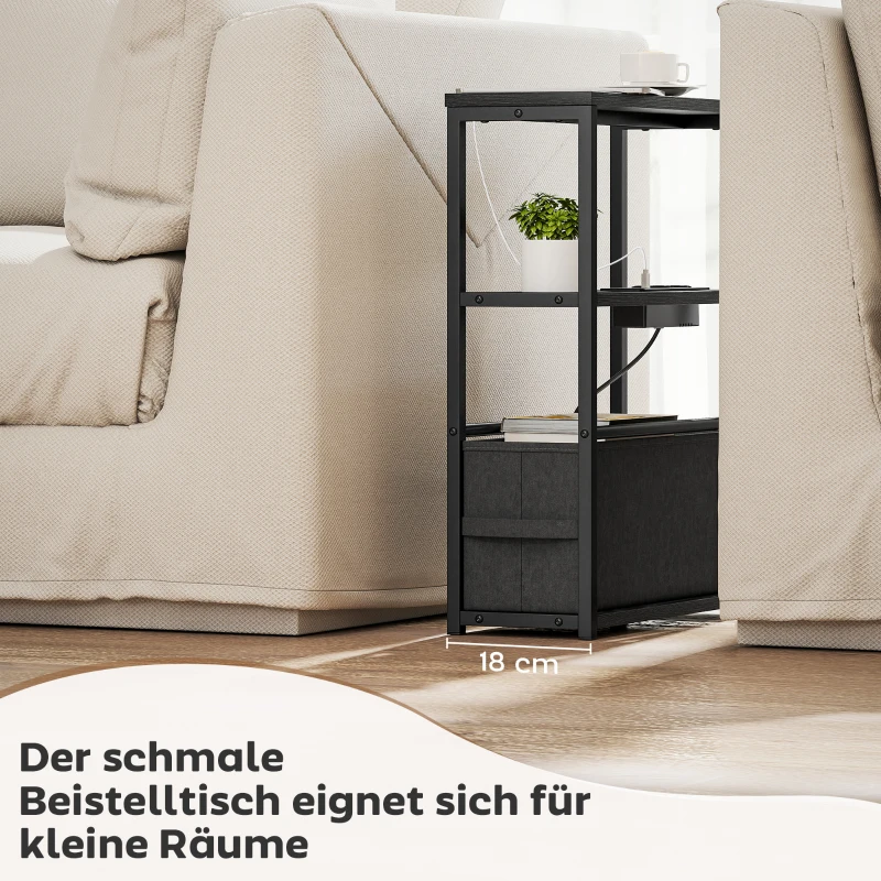 HOMCOM Beistelltisch Sofatisch mit Steckdosenleiste, Ablage, für Kleine Räume, 45x18x60,2cm, Schwarz