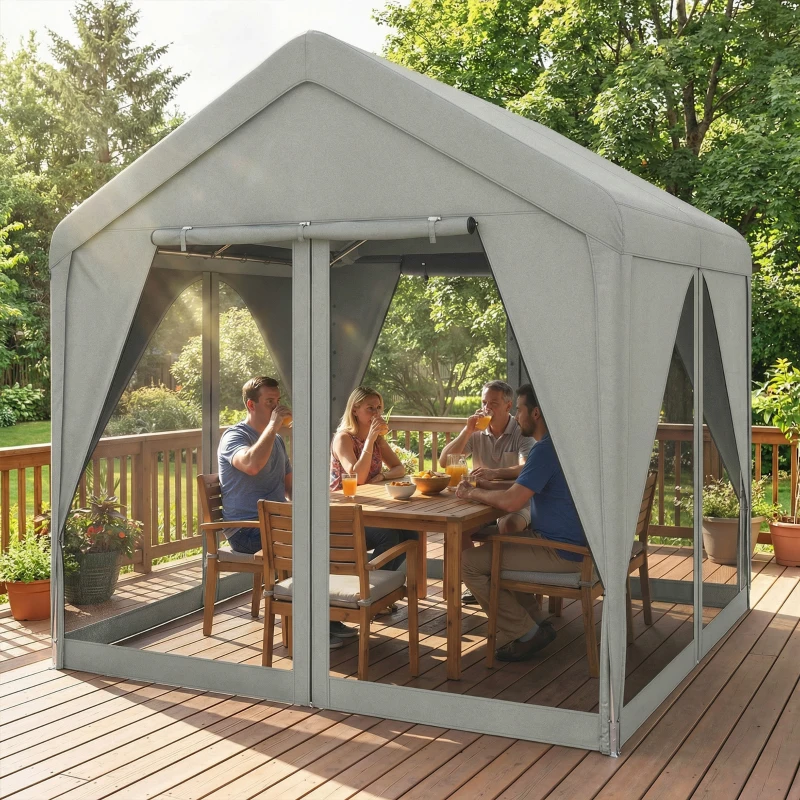 Outsunny Gartenpavillon 3 x 3 m mit Moskitonetz und Vorhängen, Außenüberdachung mit verzinktem Stahlrahmen, Grau