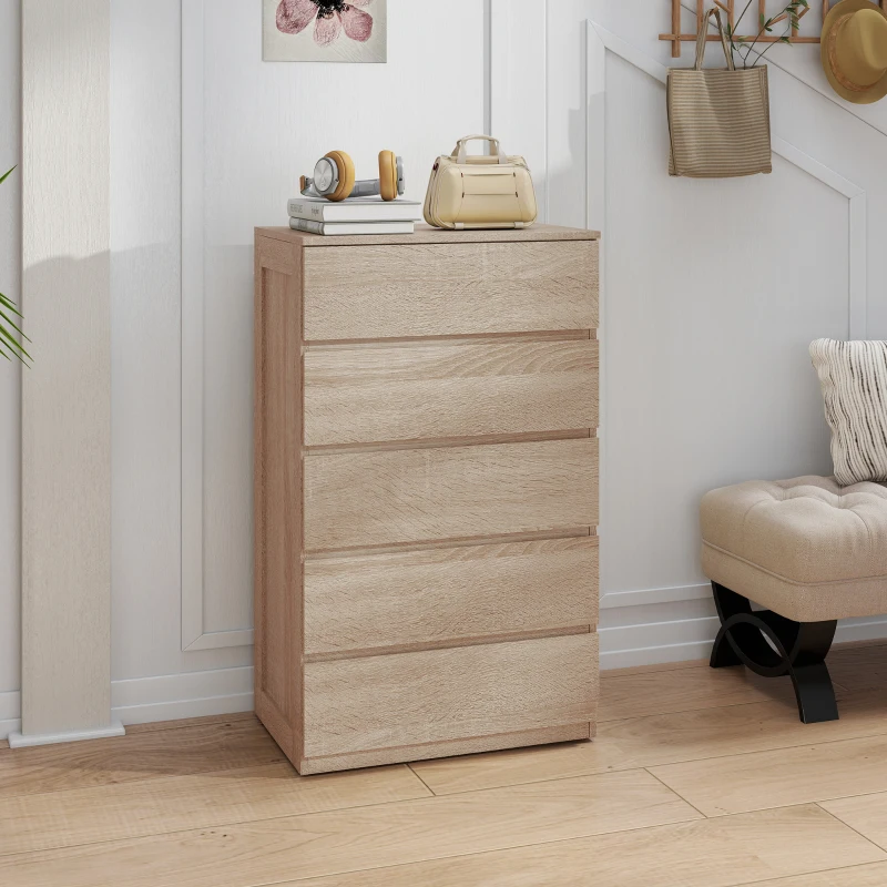 HOMCOM Cómoda 5 cajones en madera con guías metálicas y tiradores ranurados, 60x39x100 cm, color Haya