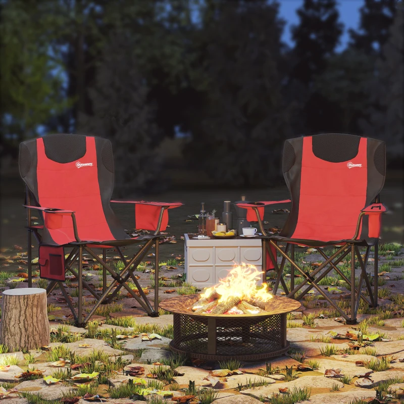 Outsunny Set 2 Sillas de Camping Plegables con Bolsa Frigorífica, Portavasos y 2 Bolsillos, 94x62x100 cm, Rojo