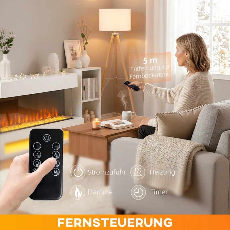 HOMCOM Elektro-Kamin mit 11 Flammenfarben, 10 Kristallbett-Farben, 1000W/2000W, Fernbedienung, vielseitig einsetzbar, Weiß