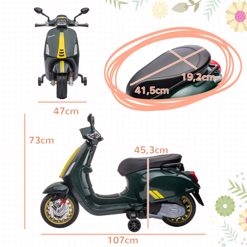 AIYAPLAY Scooter eléctrico infantil Vespa 6 V dim. 107L x 47l x 73H cm Música MP3 Puerto USB Faro 2 roues de tracción - Verde