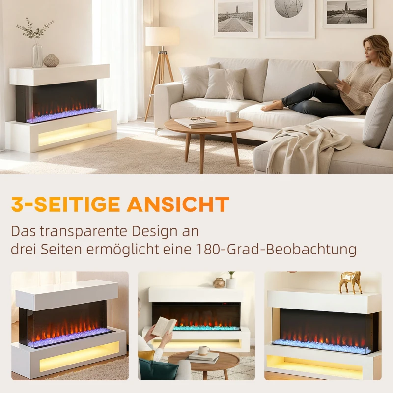 HOMCOM Elektro-Kamin mit 11 Flammenfarben, 10 Kristallbett-Farben, 1000W/2000W, Fernbedienung, vielseitig einsetzbar, Weiß