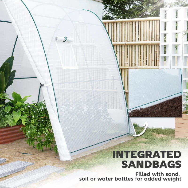 Outsunny Polytunnel Greenhouse with Sandbags, Walk-In Tunnel Green House with 2 Doors and Screen Windows, 1.8 x 1.8 x 2m, White