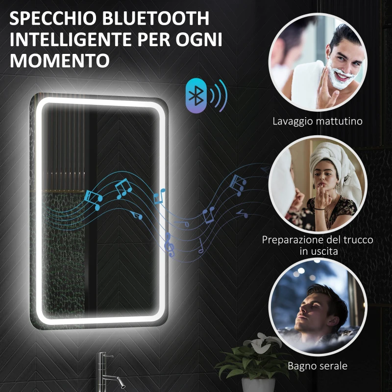 HOMCOM Specchio Bagno LED con Bluetooth, Illuminazione Regolabile e Funzione Memory, in Vetro Temperato, 70x50x3.5 cm