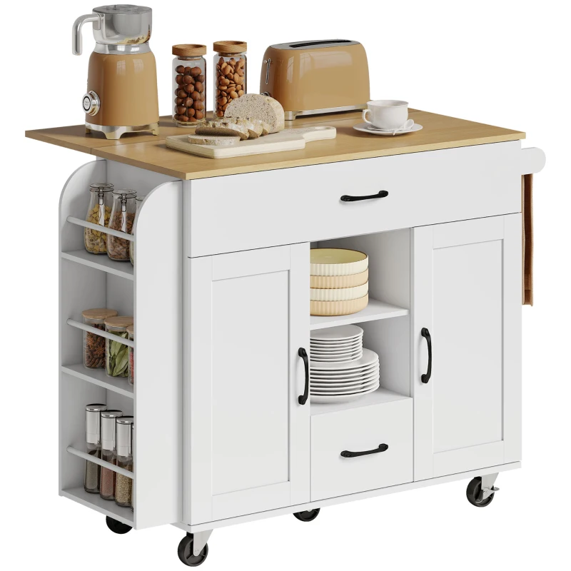 HOMCOM Isla de cocina con ruedas, encimera abatible, puertas de armario con cierre suave, cajones, toallero, MDF, Blanco