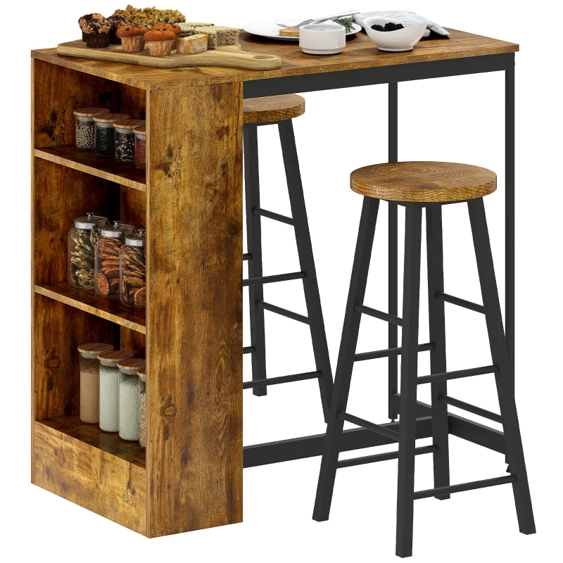 HOMCOM Set de Comedor con Mostrador de Bar con 3 Estantes y 2 Taburetes Altos con Reposapiés Estilo Industrial, Marrón