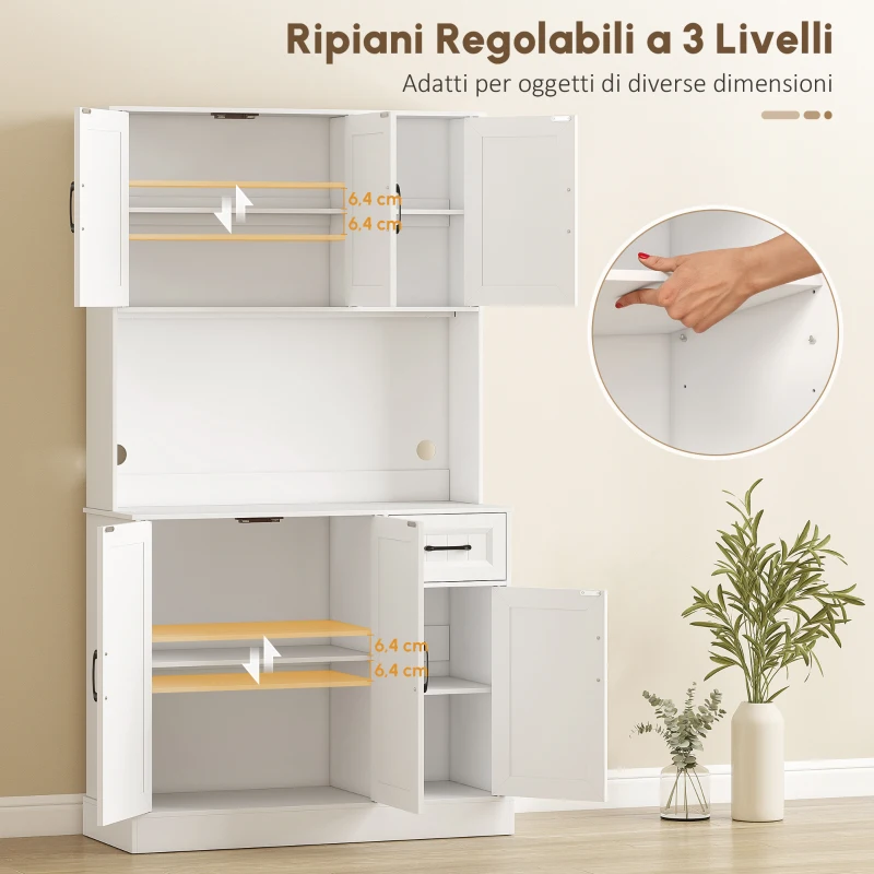 HOMCOM Armadio cucina, con piano di lavoro, foro per cavi, ripiani regolabili, in MDF, 180,5 cm, Bianco