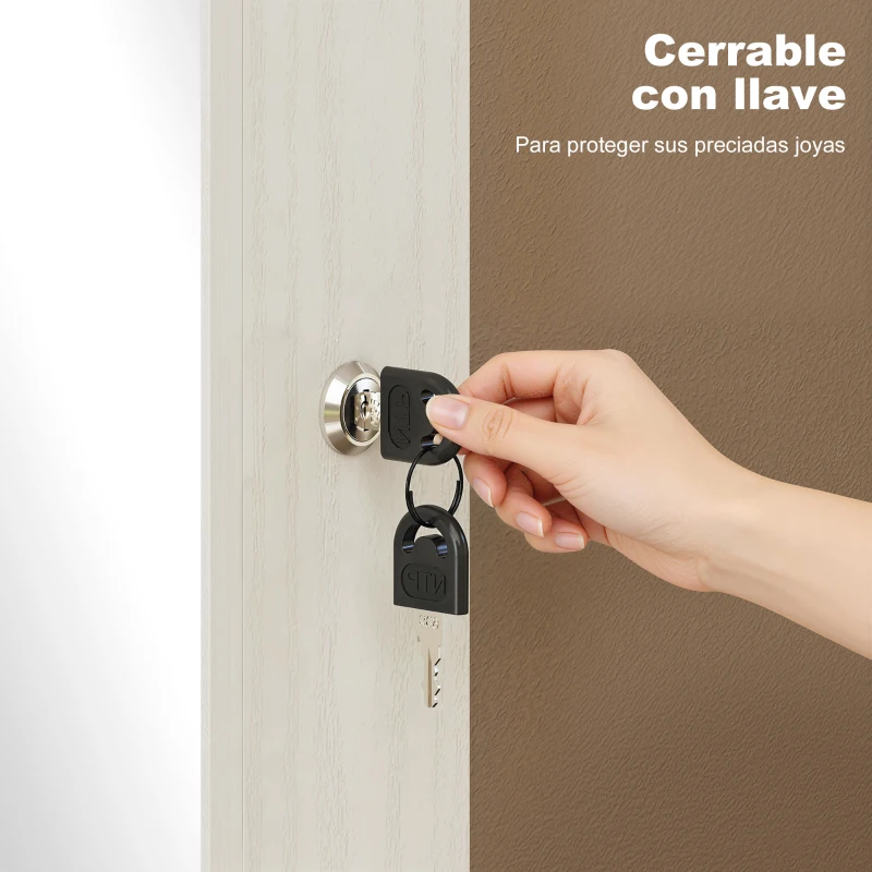 HOMCOM Espejo Joyero con Luz LED Armario Joyero Montado en la Pared o en la Puerta con Cerradura Espejo Entero Blanco