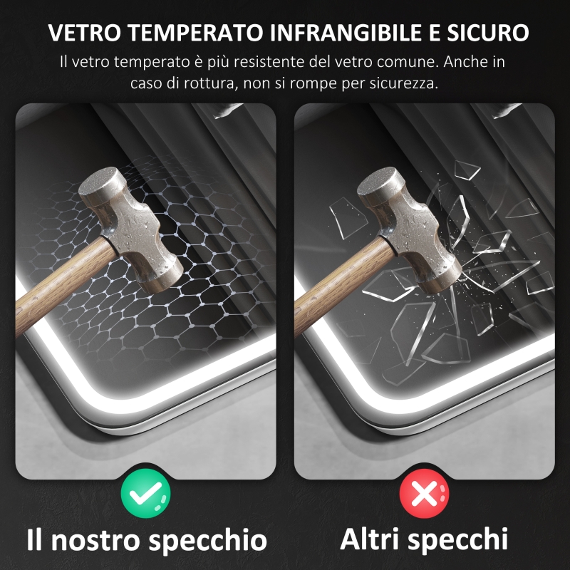 HOMCOM Specchio Bagno LED con Bluetooth, Illuminazione Regolabile e Funzione Memory, in Vetro Temperato, 70x50x3.5 cm